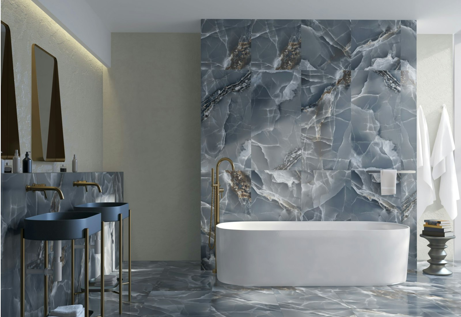 Badezimmer mit grossformatigen Platten in Steinoptik