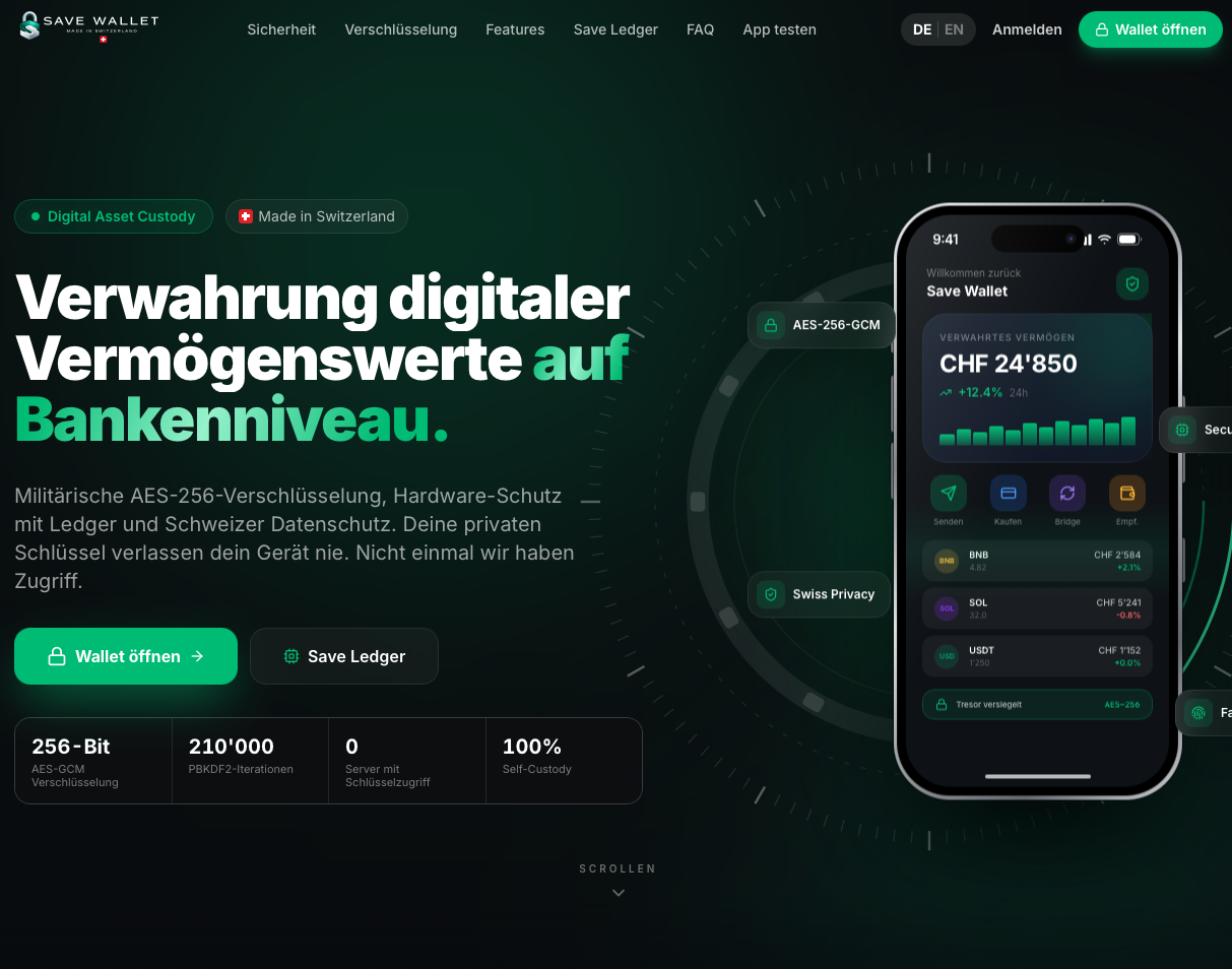 Save Wallet – Startseite mit App-Ansicht